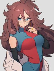 Rule 34 | 1girl, android 21, black nails, blue eyes, breasts, brown hair, checkered clothes, checkered dress, dragon ball, dragon ball fighterz, dress, earrings, fingernails, glasses, grey background, hair between eyes, hoop earrings, jewelry, kemachiku, long hair, looking at viewer, medium breasts, nail polish, narrow waist, ring, simple background, solo, turtleneck, turtleneck dress, wide hips