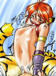 Rule 34 | 1boy, 1girl, animal ears, antenna hair, bare shoulders, blush, bouncing breasts, bracelet, breasts, breasts apart, breath of fire, breath of fire ii, cat ears, censored, cowgirl position, dr.p, facial mark, fangs, fingerless gloves, functionally nude, girl on top, gloves, green eyes, hetero, jewelry, moaning, monster girl, mosaic censoring, navel, nipples, no bra, no panties, open mouth, purple gloves, red hair, rinpoo chuan, sex, short hair, sitting, small breasts, solo focus, speech bubble, spread legs, stomach, straddling, tail, text focus, tiger stripes, tiger tail, topless, vaginal