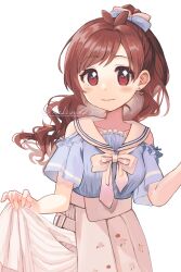 Rule 34 | 1girl, antenna hair, apple earrings, blue eyes, blush, bow, bowtie, brown hair, clothing cutout, collarbone, earrings, food-themed earrings, food themed earrings, hair bow, highres, holding, holding clothes, holding skirt, idolmaster, idolmaster cinderella girls, jewelry, light smile, looking at viewer, ponytail, red eyes, sailor collar, shisui (5830217), shoulder cutout, simple background, skirt, solo, tsujino akari, wavy hair, white background, white bow, white bowtie