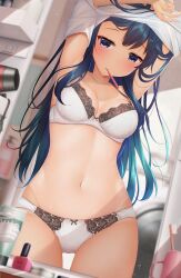 Rule 34 | 1girl, armpits, arms up, bathroom, black eyes, black hair, blush, bra, breasts, clothes lift, collarbone, commentary request, highres, indoors, lifting own clothes, long hair, midriff, minato ojitan, mirror, mouth hold, navel, one-piece tan, original, panties, reflection, shirt, shirt lift, short shorts, shorts, sleepy, small breasts, solo, standing, tan, tanline, toothbrush, underwear, undressing, washing machine, white bra, white panties, white shirt