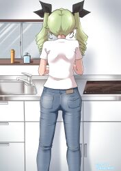 Rule 34 | 1girl, absurdres, anchovy (girls und panzer), ass, blue pants, dated, denim, drill hair, drops mint, from behind, girls und panzer, green hair, hair ribbon, highres, indoors, jeans, kitchen, long hair, pants, ribbon, shirt, signature, sink, solo, twin drills, twintails, white shirt