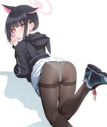 Rule 34 | 1girl, animal ears, ass, black choker, black hair, black hoodie, black pantyhose, blue archive, blush, bob cut, cat ears, choker, closed mouth, commentary, english commentary, from behind, halo, highres, hood, hoodie, kazusa (blue archive), looking at viewer, mochirong, multicolored hair, panties, panties under pantyhose, pantyhose, pink hair, pleated skirt, red eyes, shoes, short hair, sidelocks, simple background, skirt, sneakers, solo, sweatdrop, thighband pantyhose, two-tone hair, underwear, white background, white panties, white skirt