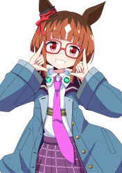 Rule 34 | 1girl, \m/, absurdres, aikawa ryou, animal ears, blue jacket, blush, bow, brown hair, collared shirt, commentary request, double \m/, ear bow, glasses, grin, hands up, highres, horse ears, jacket, long sleeves, looking at viewer, multicolored hair, necktie, open clothes, open jacket, pleated skirt, purple necktie, purple skirt, red-framed eyewear, red bow, red eyes, shirt, simple background, skirt, smile, solo, transcend (umamusume), two-tone hair, umamusume, white background, white hair, white shirt, wide sleeves