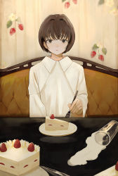 Rule 34 | 1girl, absurdres, bad id, bad pixiv id, brown eyes, brown hair, cake, cake slice, commentary, couch, cup, drinking glass, food, fork, hair intakes, highres, holding, holding fork, indoors, looking at viewer, maoyasumisumi, milk, original, plate, shirt, short hair, sitting, solo, spilled milk, table, upper body, white shirt, worried