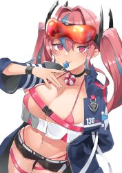 Rule 34 | 1girl, :p, aviator sunglasses, azur lane, belt, bikini, bikini under clothes, black choker, black shorts, blue coat, breasts, bremerton (azur lane), buckle, chest belt, choker, cleavage, coat, collarbone, commentary request, cowboy shot, crop top, crop top overhang, eyewear on head, foreshortening, grey belt, grey hair, grey shirt, groin, hair between eyes, hair intakes, hair ornament, hand in pocket, hand up, highleg, highleg bikini, highres, large breasts, lifebuoy ornament, long hair, looking at viewer, midriff, mole, mole on breast, mole under eye, multicolored hair, navel, navel piercing, open clothes, open coat, partial commentary, piercing, pink bikini, pink eyes, pink hair, red-tinted eyewear, shirt, short shorts, shorts, side-tie bikini bottom, sidelocks, simple background, skindentation, snap-fit buckle, solo, standing, streaked hair, sunglasses, swimsuit, take yaki, thigh strap, tinted eyewear, tongue, tongue out, twintails, two-tone hair, two-tone shirt, white background, white shirt, wristband