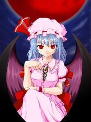 Rule 34 | 1girl, bad id, bad pixiv id, bat wings, blue hair, brave (pixiv), female focus, gradient background, hat, inactive account, moon, outdoors, red eyes, red moon, remilia scarlet, sky, solo, touhou, wings, wrist cuffs