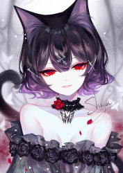 Rule 34 | 1girl, animal ears, bare shoulders, black hair, black neckwear, blurry, blurry background, breasts, cat ears, cat girl, cat tail, choker, cleavage, close-up, collarbone, hair between eyes, hair ornament, highres, looking at viewer, off shoulder, original, pale skin, parted lips, red eyes, sheya, short hair, signature, small breasts, smile, solo, tail, upper body