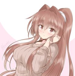 Rule 34 | 1girl, beige sweater, blush, brown eyes, brown hair, hair intakes, kantai collection, long hair, looking at viewer, official alternate costume, ponytail, ribbed sweater, shizuna kaede, smile, solo, split mouth, sweater, upper body, yamato (kancolle)