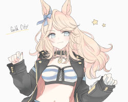 Rule 34 | 1girl, animal ears, bandeau, black jacket, blonde hair, blue eyes, blush, breasts, buttoned cuffs, buttons, character name, closed mouth, collar, gold city (umamusume), grey background, horse ears, inutose, jacket, long hair, long sleeves, midriff, navel, open clothes, open jacket, small breasts, smile, solo, star (symbol), twitter username, umamusume, upper body