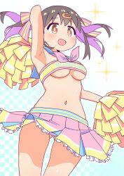 Rule 34 | 1girl, :d, absurdres, alternate costume, arm up, armpits, bare arms, black hair, breasts, brown eyes, checkered background, cheerleader, commentary, cowboy shot, dot nose, frilled skirt, frills, gluteal fold, gradient background, hair ornament, hair ribbon, hairclip, highres, holding, holding pom poms, light blush, medium breasts, medium hair, miniskirt, multicolored hair, navel, nuurise2023, onii-chan wa oshimai!, open mouth, oyama mihari, pleated skirt, pom pom (cheerleading), pom poms, purple hair, ribbon, simple background, skirt, smile, solo, sparkle, stomach, strapless, thigh gap, tube top, twintails, two-tone hair, underboob