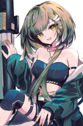Rule 34 | 1girl, :d, arknights, arm strap, bandeau, bare shoulders, brown hair, commentary request, deyuaru, firewhistle (arknights), green jacket, highres, jacket, long hair, looking at viewer, midriff, off shoulder, open clothes, open jacket, open mouth, simple background, sitting, smile, solo, strapless, thigh strap, tube top, very long hair, white background, yellow eyes
