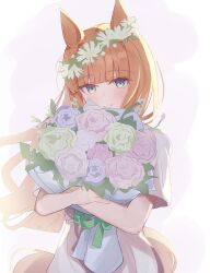 Rule 34 | 1girl, absurdres, animal ears, blue flower, blunt bangs, blush, bouquet, closed mouth, commentary request, dress, flower, green eyes, green flower, head wreath, highres, holding, holding bouquet, horse ears, horse girl, horse tail, kaedemaru, long hair, looking at viewer, orange hair, pink flower, short sleeves, silence suzuka (umamusume), smile, solo, tail, umamusume, white dress, white flower