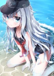 Rule 34 | 1girl, absurdres, adapted costume, anchor symbol, barefoot, black hat, black one-piece swimsuit, black sailor collar, commentary request, dress, flat cap, hat, hibiki (kancolle), highres, kantai collection, neckerchief, one-piece swimsuit, partially submerged, red neckerchief, rotroto, sailor collar, sailor shirt, shirt, sitting, sleeveless, sleeveless shirt, solo, striped, swimsuit, swimsuit under clothes, vertical stripes, wariza, water