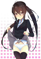 Rule 34 | 1girl, bad id, bad pixiv id, black hair, black thighhighs, blazer, blush, clothes lift, jacket, k-on!, kissxsis, koba, long hair, looking at viewer, nakano azusa, panties, parted lips, pleated skirt, red eyes, ribbon, school uniform, skindentation, skirt, skirt lift, solo, standing, sweatdrop, taketatsu ayana, thighhighs, twintails, underwear, upskirt, voice actor connection, white panties
