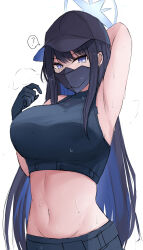 Rule 34 | 1girl, ?, absurdres, arm up, armpits, artist request, baseball cap, black gloves, black hair, black hat, black mask, black shirt, blue archive, blue eyes, breasts, crop top, gloves, halo, hat, highres, large breasts, long hair, looking at viewer, mask, midriff, mouth mask, navel, saori (blue archive), shirt, simple background, sleeveless, sleeveless shirt, solo, spoken question mark, white background