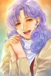 Rule 34 | 1girl, brown jacket, eyebrows hidden by hair, gundam, hair behind ear, highres, jacket, long hair, open mouth, own hands clasped, own hands together, portrait, purple eyes, purple hair, red vest, rosamia badam, smile, solo, sweater, takeda yuuko, turtleneck, turtleneck sweater, vest, white sweater, zeta gundam