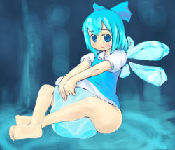 Rule 34 | 1girl, barefoot, blue hair, cirno, dress, embodiment of scarlet devil, feet, female focus, full body, gigokku, gradient background, ice, ribbon, rubbing, short hair, solo, toes, touhou, wings
