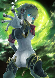 Rule 34 | 1girl, aegis (persona), android, ass, atlus, blonde hair, blue eyes, bodysuit, bullet, full moon, green background, headphones, joints, looking back, makacoon, moon, nigoro, persona, persona 3, robot joints, school uniform, shell casing, short hair, skirt, smoke, solo, torn clothes