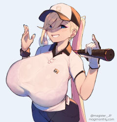 Rule 34 | 1girl, baseball bat, baseball cap, baseball uniform, black pants, blonde hair, blue eyes, bra visible through clothes, bralines, breasts, collared shirt, commentary, commentary request, ear piercing, earrings, english commentary, eyeliner, gloves, golf club, grin, hair over one eye, hat, holding, holding golf club, huge breasts, index finger raised, jewelry, long hair, magister, makeup, mixed-language commentary, necklace, original, paid reward available, pandora smith (magister), pants, piercing, ponytail, shirt, smile, solo, sportswear, very long hair, white shirt, wristband