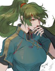 Rule 34 | 1girl, absurdres, blood, blood on clothes, blood on face, breasts, dress, earrings, fingerless gloves, fire emblem, fire emblem: the blazing blade, fire emblem heroes, gloves, green eyes, green hair, high ponytail, highres, jewelry, long hair, lyn (fire emblem), nintendo, nosebleed, ponytail, simple background, solo, sword, very long hair, weapon, white background