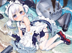 Rule 34 | 1girl, armpit crease, azur lane, bare shoulders, beach, belfast (azur lane), blue choker, blush, burnt clothes, buttons, caustics, choker, closed mouth, day, douya (233), dress, embarrassed, frilled dress, frills, from above, little bel (azur lane), long hair, looking at viewer, machinery, maid, maid headdress, mary janes, one side up, outdoors, pantyhose, partially submerged, purple eyes, ribbon choker, rudder footwear, shoes, sitting, sleeveless, sleeveless dress, smoke, solo, swept bangs, torn clothes, torpedo, turret, water, wavy mouth, white hair, white pantyhose, yokozuwari