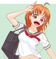 Rule 34 | 1girl, artist name, artist request, bag, blush, bow, breasts, carrying, carrying bag, clover hair ornament, collarbone, detached sleeves, female focus, hair bow, hair ornament, hairclip, headphones, long sleeves, looking at viewer, love live!, love live! sunshine!!, orange hair, parted lips, red eyes, red neckwear, ribbon, sailor collar, salute, school uniform, shirt, short hair, small breasts, smile, solo, takami chika, toi ne (toy neta2), white shirt, yellow bow