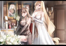 Rule 34 | 2girls, absurdres, bare shoulders, black choker, blonde hair, blush, breasts, brown dress, brown gloves, candle, character request, choker, cleavage, closed mouth, collarbone, door, dress, earrings, elbow gloves, english flag, feet out of frame, flower, gloves, hair ribbon, hairband, highres, holding, holding own hair, jewelry, large breasts, light brown hair, long hair, looking at another, lubikaya, medium breasts, mole, mole under eye, multiple girls, open mouth, partially fingerless gloves, photo (object), purple eyes, red eyes, red ribbon, ribbon, sitting, smile, standing, union jack, warship girls r, wedding dress, white dress, white gloves