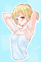 Rule 34 | 1girl, armpits, arms up, blonde hair, blue background, blush, camisole, cropped torso, haikyuu!!, looking at viewer, namo, orange eyes, outline, parted lips, sidelocks, solo, tying hair, upper body, yachi hitoka