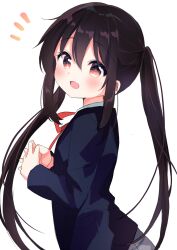 Rule 34 | 1girl, black coat, black hair, blush, coat, collared shirt, commentary, gradient eyes, grey skirt, hair between eyes, highres, k-on!, long hair, long sleeves, looking at viewer, looking back, multicolored eyes, nakano azusa, nanami ayane (kusunoki5050), neck ribbon, open mouth, own hands together, red eyes, red ribbon, ribbon, shirt, simple background, skirt, smile, solo, twintails, upper body, white background, white shirt