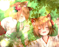 Rule 34 | 2girls, animal ear fluff, animal ears, artist name, blonde hair, blush, chita (ketchup), collarbone, drooling, eyebrows, closed eyes, fangs, flower, fox ears, hair between eyes, hair flower, hair ornament, holding hands, highres, japanese clothes, leaf, leaf background, lens flare, lying, miko, multiple girls, on back, on side, open mouth, original, profile, saliva, short hair, signature, sleeping, thick eyebrows, upper body, wide sleeves