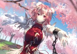 Rule 34 | 1girl, bandaged arm, bandages, blue sky, bun cover, cherry blossoms, chinese clothes, closed mouth, cuffs, double bun, flower, hair bun, highres, ibaraki kasen, looking at viewer, outdoors, outstretched arms, pink hair, red eyes, red flower, red rose, rose, shackles, shirt, short hair, short sleeves, shukusuri, sky, solo, spread arms, tabard, touhou, upper body, white shirt