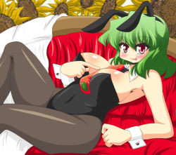 Rule 34 | 1girl, akasode (tyaramu), animal costume, animal ears, bare shoulders, between breasts, blush, breasts, carrot, cleavage, couch, female focus, flower, green hair, huge breasts, kazami yuuka, large breasts, leotard, pantyhose, playboy bunny, rabbit ears, red eyes, sexually suggestive, short hair, sitting, solo, sunflower, tongue, touhou
