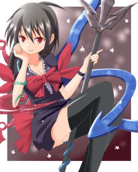 Rule 34 | 1girl, ass, asymmetrical wings, black hair, black thighhighs, efe, face, female focus, houjuu nue, polearm, red eyes, short hair, sitting, solo, spear, thighhighs, touhou, trident, weapon, wings, zettai ryouiki