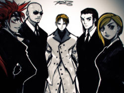 Rule 34 | 1990s (style), 1girl, 4boys, bald, black hair, blonde hair, business suit, dark skin, earrings, elena (ff7), facial hair, facial mark, final fantasy, final fantasy vii, forehead mark, formal, goggles, goggles on head, gradient background, group picture, jewelry, long hair, looking at viewer, multiple boys, mustache, red hair, reno (ff7), retro artstyle, robaato, rude (ff7), rufus shinra, spiked hair, square enix, suit, sunglasses, swept bangs, tseng, turks (ff7)
