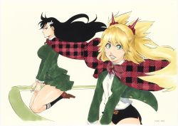 Rule 34 | 2girls, artist name, black hair, black legwear, black shorts, blonde hair, blue eyes, bow, breasts, burn the witch, capelet, cleaned, eyelashes, green eyes, green jacket, green skirt, hair ornament, highres, jacket, kubo tite, large breasts, legs together, loafers, long hair, long sleeves, looking at viewer, looking to the side, multiple girls, niihashi noel, nini spangle, ninny spangcole, official art, pleated skirt, school uniform, shirt, shoes, short shorts, shorts, sidelocks, simple background, skirt, tan background, teeth, thighs, unmoving pattern, watermark, white shirt