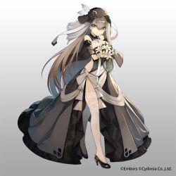 Rule 34 | 1girl, 88 flak (ash arms), amagasa yun, ash arms, black dress, black footwear, black hat, boots, bouquet, breasts, brown hair, cleavage, closed mouth, clothing cutout, commentary request, dress, flower, gradient background, grey background, hat, hat feather, high heel boots, high heels, highres, holding, holding bouquet, jewelry, light frown, long dress, long hair, looking at viewer, medium hair, necklace, official art, showgirl skirt, side cutout, solo, standing, thighhighs, very long hair, watermark, white thighhighs, yellow eyes