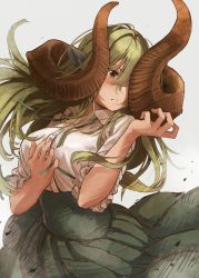 Rule 34 | 159cm, 1girl, animal ears, asymmetrical horns, breasts, buttons, closed mouth, commentary request, dot nose, glan (159cm), green hair, green skirt, hair between eyes, highres, horns, huge horns, long hair, original, shirt, short sleeves, simple background, skirt, solo, upper body, white background, white shirt, wing collar
