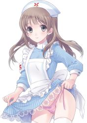 Rule 34 | 1girl, apron, atelier (series), atelier meruru, black eyes, blue bow, blue dress, bow, bow panties, brown hair, c:, closed mouth, clothes lift, contrapposto, cowboy shot, curtsey, dress, dress lift, frilled apron, frilled dress, frilled sleeves, frills, hat, hip focus, long hair, long sleeves, looking at viewer, maid apron, maid headdress, panties, pink panties, side-tie panties, simple background, smile, solo, standing, striped, thighhighs, totooria helmold, underwear, vertical stripes, waist apron, white apron, white background, white hat, white thighhighs, yuuki mitsuru