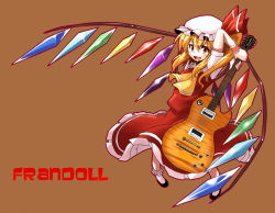Rule 34 | 1girl, blonde hair, character name, electric guitar, english text, engrish text, fang, female focus, flandre scarlet, gibson les paul, guitar, hat, instrument, ooike teru, ponytail, ranguage, red eyes, short hair, side ponytail, solo, touhou, wings