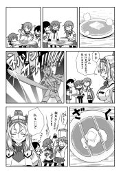Rule 34 | akebono (kancolle), bell, butter, butter knife, comic, fighting stance, food, greyscale, hair bell, hair ornament, headgear, highres, ikazuchi (kancolle), jingle bell, kantai collection, long hair, military, military uniform, monochrome, nelson (kancolle), open mouth, pancake, parody, saiguchi otoufu, school uniform, short hair, side ponytail, skirt, sunrise stance, translation request, uniform, ushio (kancolle), very long hair, weapon