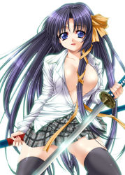 Rule 34 | 1girl, breasts, kurugaya yuiko, little busters!, school uniform, simple background, solo, sword, thighhighs, weapon, yoshida inuhito, zettai ryouiki