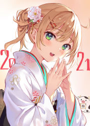 Rule 34 | 1girl, 2021, :d, absurdres, ahoge, arms up, beige background, blonde hair, cow, dated, fingers together, floral print, flower, gradient background, green eyes, hair flower, hair ornament, hairclip, highres, japanese clothes, kimono, looking at viewer, medium hair, nagiha kuten, nengajou, new year, obi, open mouth, original, ponytail, sash, sidelocks, simple background, smile, teeth, upper body, upper teeth only, white kimono, wide sleeves