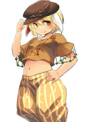 Rule 34 | 1girl, animal ears, baggy shorts, blonde hair, rabbit ears, crop top, flat cap, floppy ears, hand on headwear, hand on own hip, hat, hat tip, highres, looking at viewer, midriff, navel, orange shirt, puffy shorts, red eyes, ringo, ringo (touhou), shirt, short hair, shorts, smile, solo, touhou, white background, yudepii