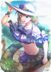Rule 34 | 1girl, absurdres, arm up, artist name, bare shoulders, beach, bikini, bikini skirt, blue bikini, blue bow, blue eyes, blue flower, blue rose, blue sky, bow, bow bikini, breasts, cloud, commentary request, cowboy shot, day, flower, frilled bikini, frills, grey hair, hair bobbles, hair ornament, halterneck, hand on headwear, hat, hat flower, highres, holding, holding swim ring, innertube, lens flare, looking at viewer, love live!, love live! superstar!!, low twintails, medium breasts, medium hair, multicolored hair, navel, ocean, off-shoulder bikini, off shoulder, official alternate costume, official alternate hairstyle, orange flower, orange rose, outdoors, parted lips, pink hair, polka dot, polka dot bikini, rose, short twintails, signature, single wrist cuff, sky, smile, solo, standing, stomach, streaked hair, sun hat, sweat, swim ring, swimsuit, tang keke, teeth, twintails, two-tone hair, upper teeth only, white hat, wrist cuffs, yellow flower, yellow rose, yuuyu (sun yuu)