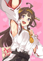 Rule 34 | 1girl, :d, ahoge, aoi manabu, armpits, breasts, brown hair, double bun, hair bun, headgear, jewelry, kantai collection, kongou (kancolle), kongou kai ni (kancolle), large breasts, long hair, looking at viewer, nontraditional miko, open mouth, pink background, purple eyes, ring, smile, solo, wedding band, yes-no pillow