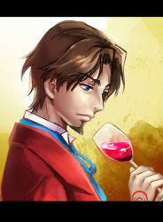 Rule 34 | 1boy, alcohol, bad id, bad pixiv id, blue eyes, brown hair, command spell, cup, drinking glass, facial hair, fate/zero, fate (series), formal, goatee, letterboxed, maccyman, male focus, solo, suit, tohsaka tokiomi, wine, wine glass