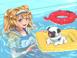 Rule 34 | 1girl, breasts, brown eyes, bulldog, commentary request, enemy lifebuoy (kancolle), floating, hairband, i-26 (kancolle), inflatable raft, jacket, kantai collection, large breasts, light brown hair, long hair, one-piece swimsuit, pool, sailor collar, school swimsuit, shingyou (alexander-13), standing, sunglasses, swimsuit, two-tone hairband, two side up