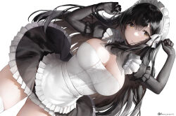 Rule 34 | 1girl, apron, arms up, black gloves, black hair, black skirt, black sleeves, breasts, brown eyes, cleavage, dutch angle, elbow gloves, frilled skirt, frilled sleeves, frills, gloves, hair between eyes, hair in own mouth, haori io, highres, large breasts, light blush, long hair, looking at viewer, maid, maid apron, maid headdress, original, parted lips, simple background, skindentation, skirt, solo, teeth, thighs, very long hair, white background