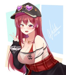 Rule 34 | 1girl, :d, absurdres, anchor symbol, bare shoulders, baseball cap, black hat, breasts, cleavage, dated, eyewear on headwear, hat, heart, heart-shaped eyewear, heart necklace, heterochromia, highres, hololive, houshou marine, houshou marine (summer), jewelry, large breasts, long hair, looking at viewer, natch imaycz, necklace, open mouth, plaid, red eyes, red hair, see-through, see-through cleavage, signature, skull print, smile, solo, upper body, virtual youtuber, w, yellow eyes