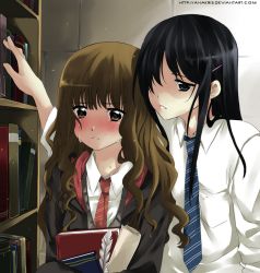 Rule 34 | 2girls, anakris, animification, arm up, black eyes, black hair, blue neckwear, blush, book, bookshelf, brown eyes, brown hair, carrying, cho chang, closed mouth, crying, hair ornament, hair over one eye, hairclip, half-closed eyes, hand up, harry potter (series), height difference, hermione granger, hogwarts school uniform, hogwarts uniform, holding, holding book, hood, hood down, indoors, leaning, long hair, long sleeves, looking to the side, matching hair/eyes, multiple girls, necktie, parchment, quill, quilt, red neckwear, robe, school uniform, shaded face, shirt, standing, tears, textbook, upper body, wall, watermark, web address, white shirt, wizarding world, yuri